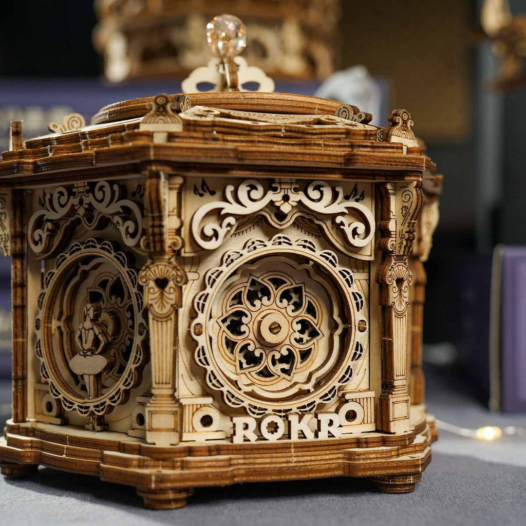 Hand-built wooden music box with dancing ballerinas, a mechanical model kit and desk display for hobbyists