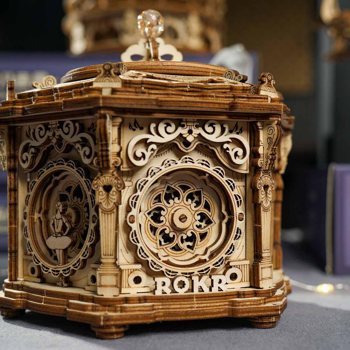 Hand-built wooden music box with dancing ballerinas, a mechanical model kit and desk display for hobbyists