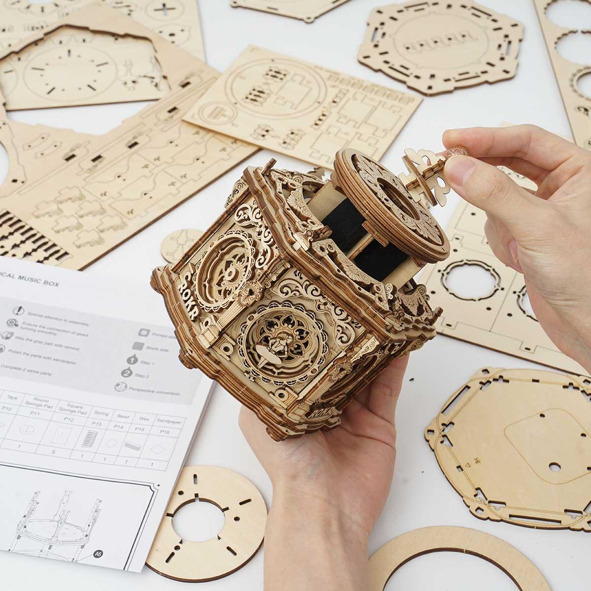 315 piece 3D wooden puzzle music box with glue-free interlocking parts, a screen-free craft project for teens