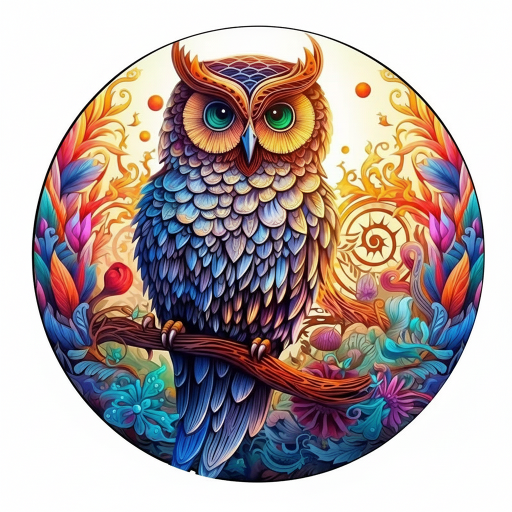 Exotic Owl wooden jigsaw puzzle with intricate whimsy pieces in eco friendly linden wood, display ready nature wall art