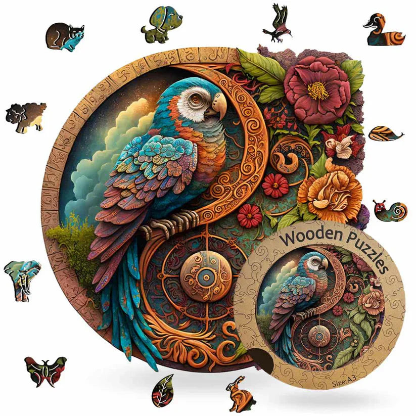 Parrot wooden jigsaw puzzle in vibrant linden wood with hidden whimsy pieces, a nature wall art gift for animal lovers