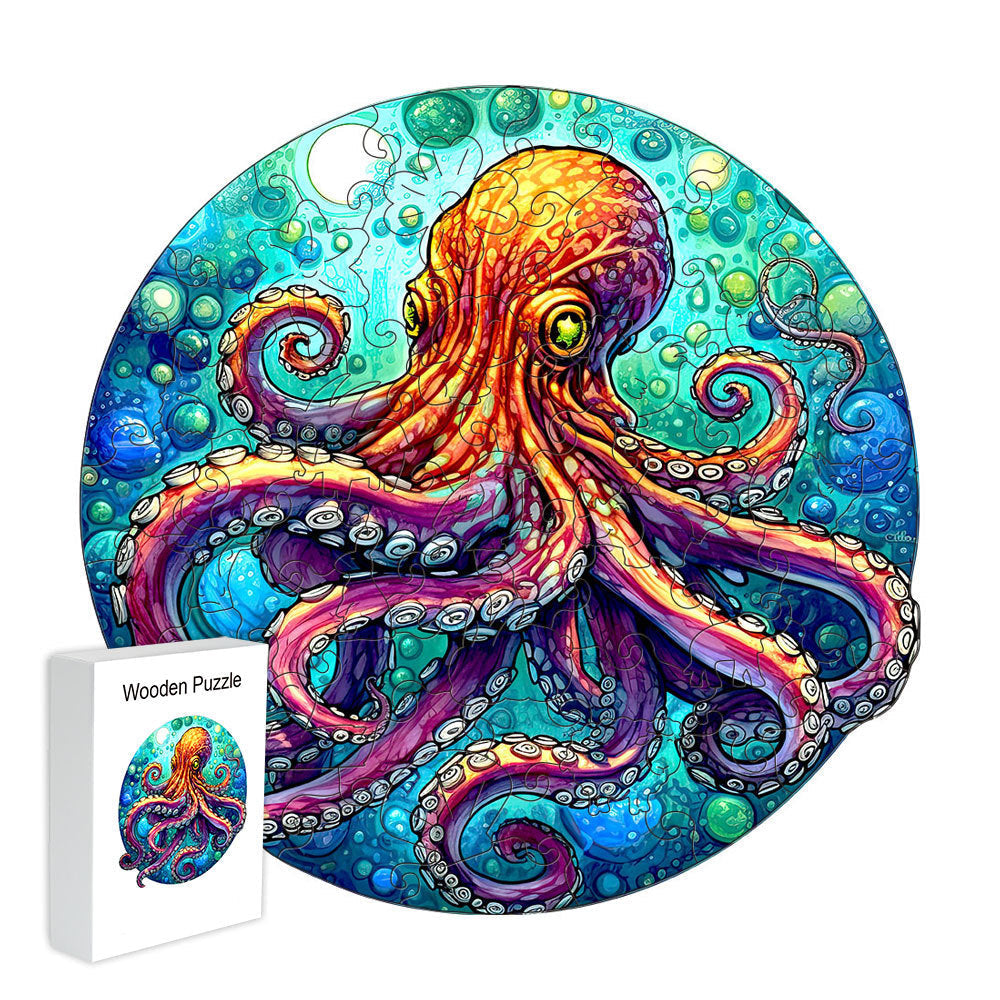 Eco friendly linden wood jigsaw puzzle with a display ready finish an eco friendly gift for puzzle enthusiasts pick the Blue Octopus design