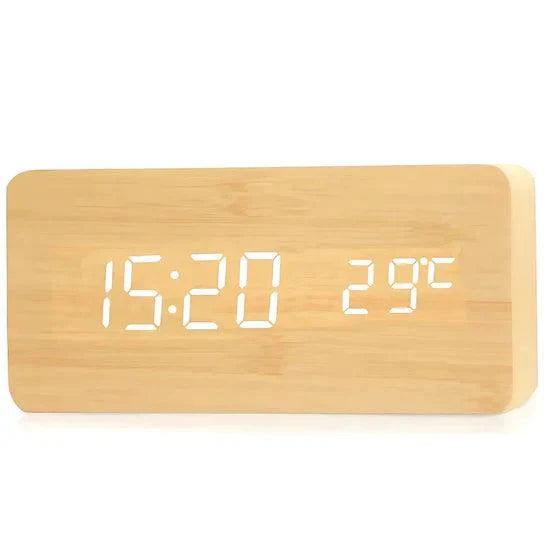Bamboo wood LED alarm clock with tap and clap sound activation and a temperature readout for a calm bedroom nightstand