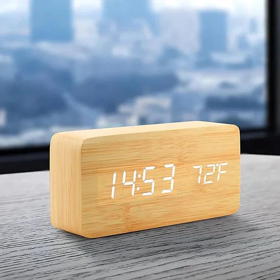 Bamboo wood alarm clock with USB or AAA battery power and a soft LED glow, a bedside and living room clock with wood grain