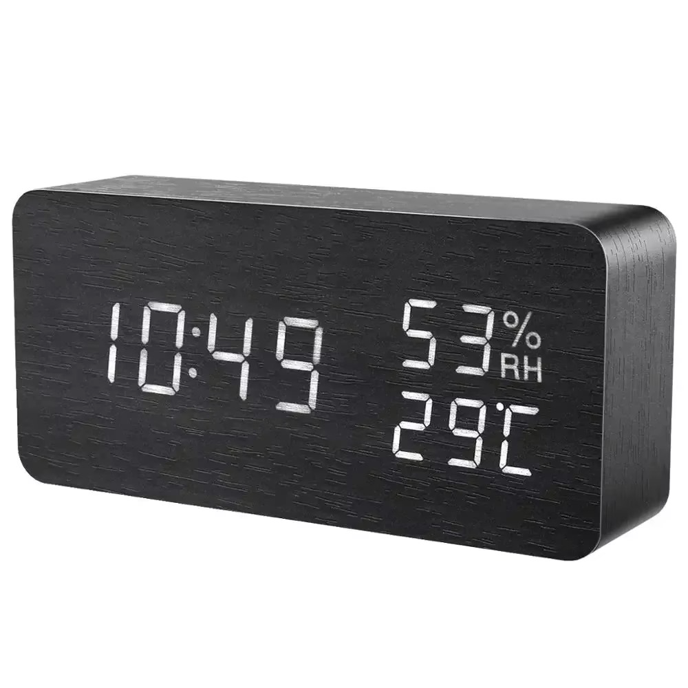 Black wood LED alarm clock showing time, temperature, and humidity, a modern digital bedside clock for a desk or nightstand