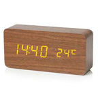 Brown wood LED alarm clock with amber display showing time and temperature, a warm bedside and nightstand clock for bedrooms