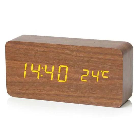 Brown wood LED alarm clock with amber display showing time and temperature, a warm bedside and nightstand clock for bedrooms
