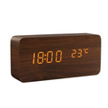 Dark Brown wood grain LED alarm clock with an amber time and temperature display, a cozy bedside clock and desk decor accent