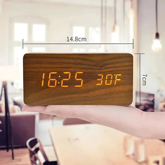 Compact Brown wood alarm clock about 14.8 cm wide with an amber LED display, a portable desk and travel clock for nightstands