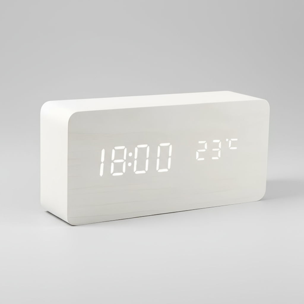 White wood LED digital alarm clock with a clean glowing display, a minimalist desk and bedside clock for bedroom or office
