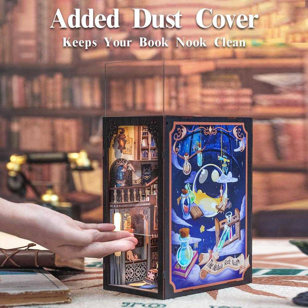 Cosmic lounge book nook with a starry moon window and blue jewels, a lit shelf scene for miniature model builders
