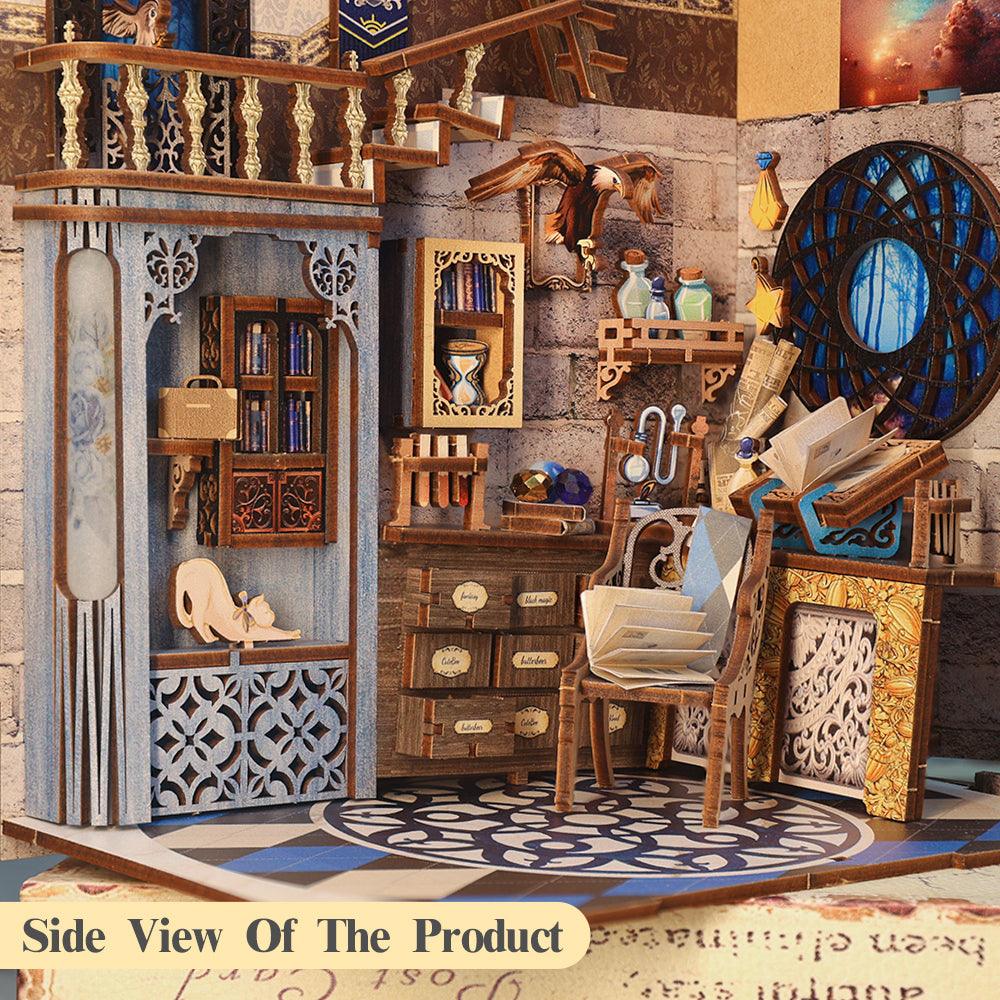 Galaxy themed book nook diorama with tiny books and arched windows, a cosmic desk accent for model builders