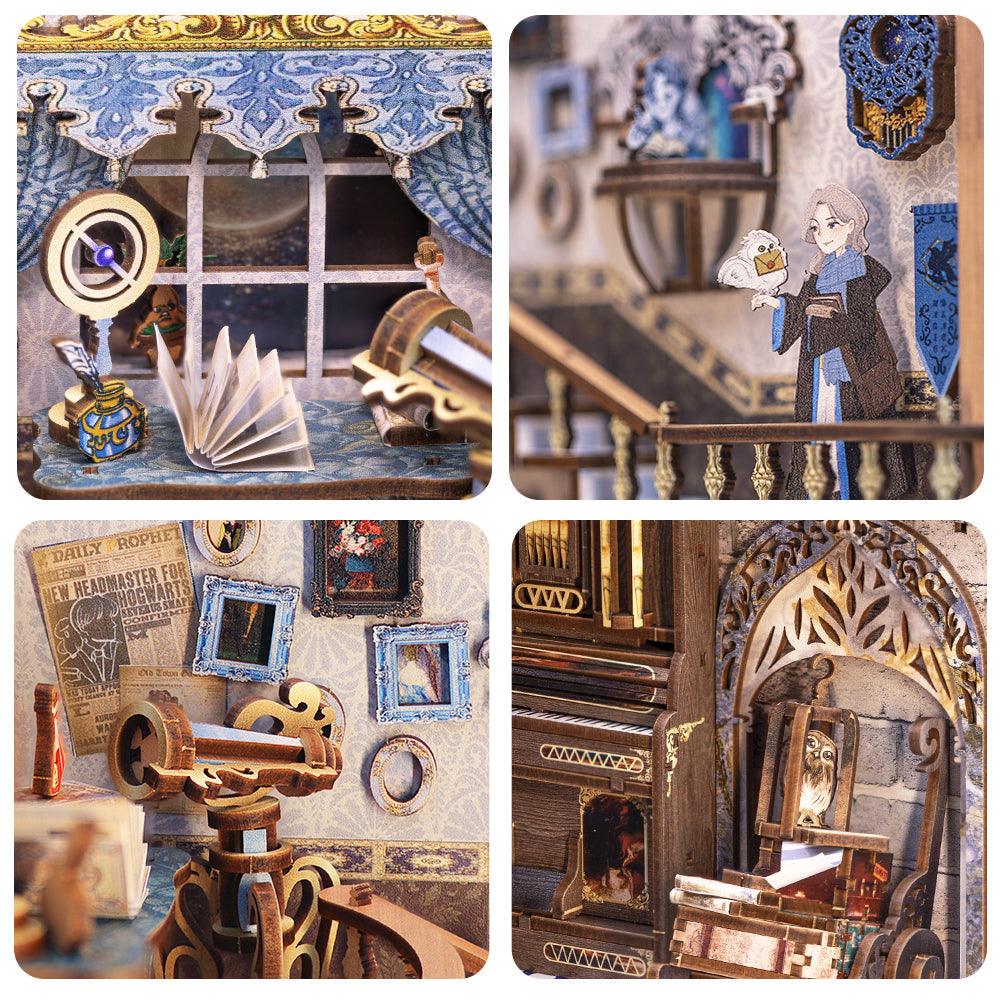 Detailed book nook interior with a tiny figure, framed art, and lantern glow for collectors of miniature dioramas