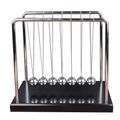 Newton's cradle kinetic desk toy with polished steel balls that swing to show momentum and energy on a red wood base (fits SKU_1748792312012_64)