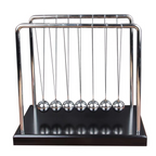 Newton's cradle kinetic desk toy with polished steel balls that swing to show momentum and energy on a red wood base (fits SKU_1748792312012_64)
