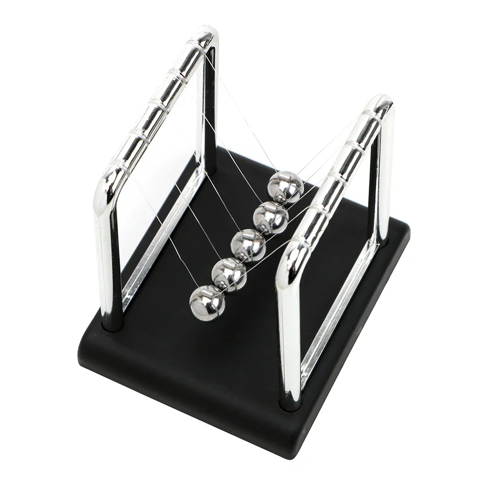 Steel ball pendulum on a black base pulled back to start a swing, a hands on physics demonstrator for desk or classroom (fits SKU_1748792312012_491)