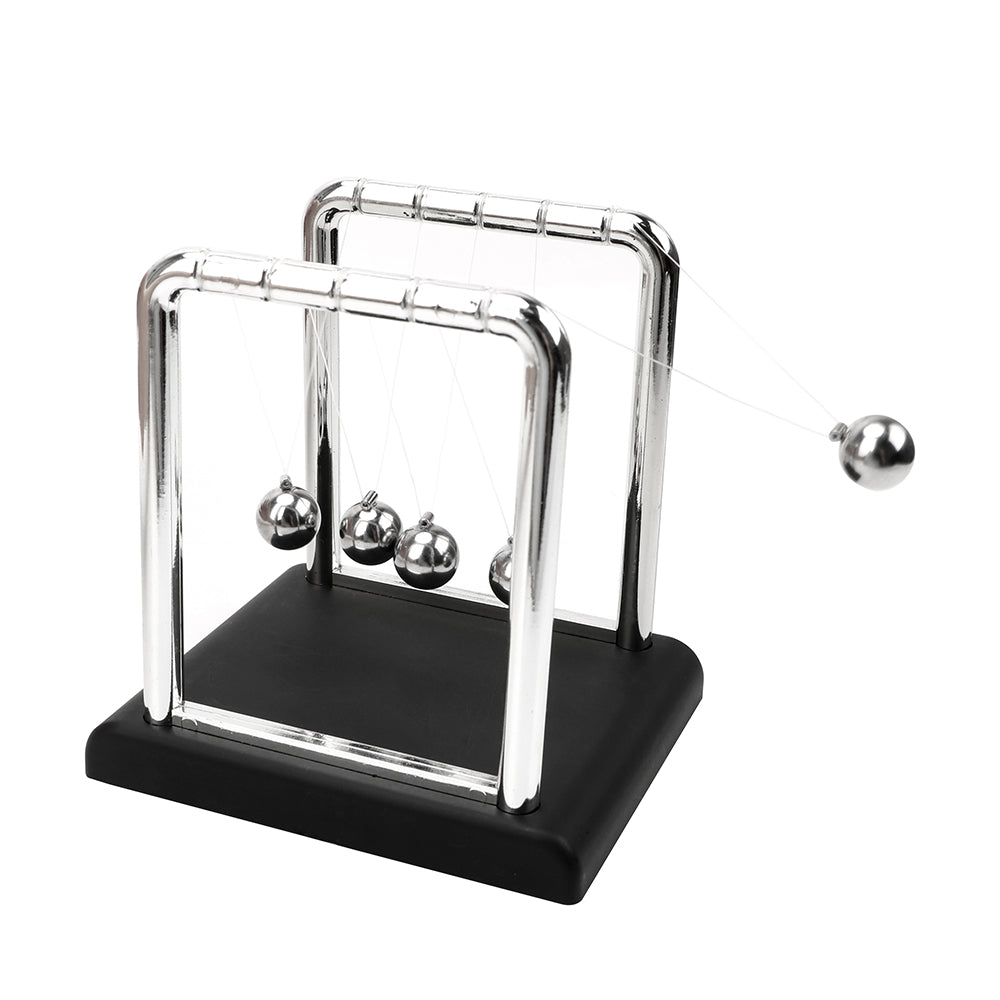 Physics pendulum on a black base that demonstrates conservation of momentum as one steel ball lifts and the end kicks out (fits SKU_1748792312012_490, SKU_1748792312012_491)