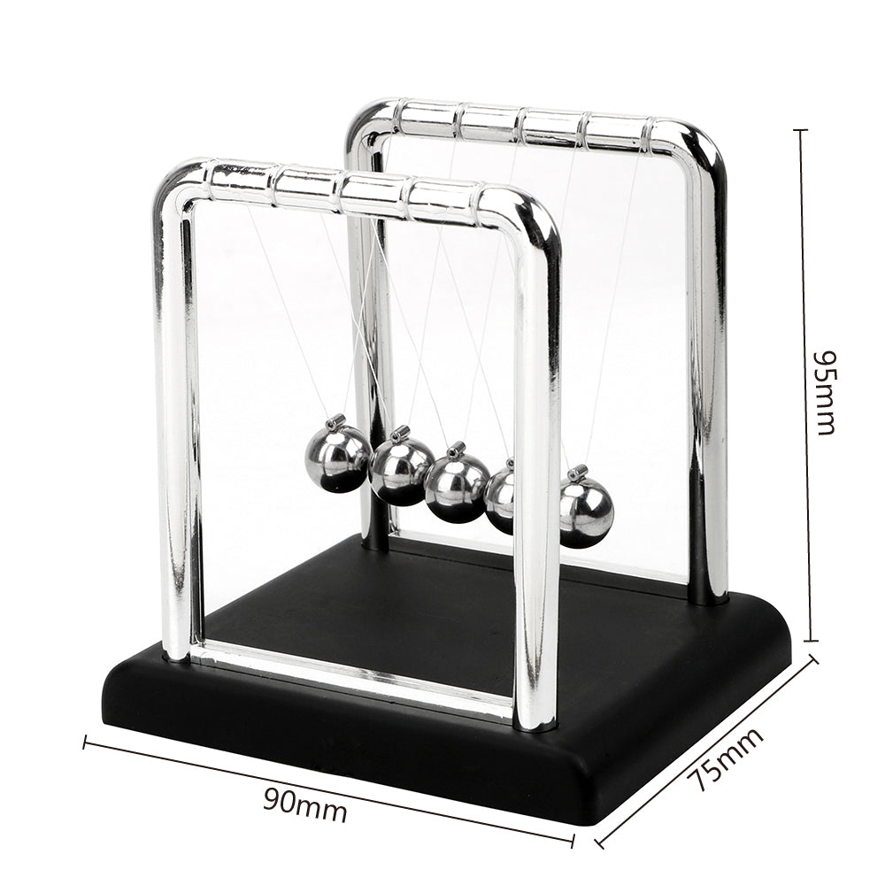 Compact medium Newton's cradle about 9 by 7.5 by 9.5 cm with steel balls and a black base for a small office desk or shelf (fits SKU_1748792312012_490)
