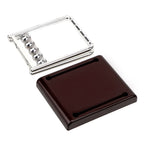 Newton's cradle with a red wood base and chrome frame that sets up fast as a kinetic sculpture and science desk gift (fits SKU_1748792312012_64)