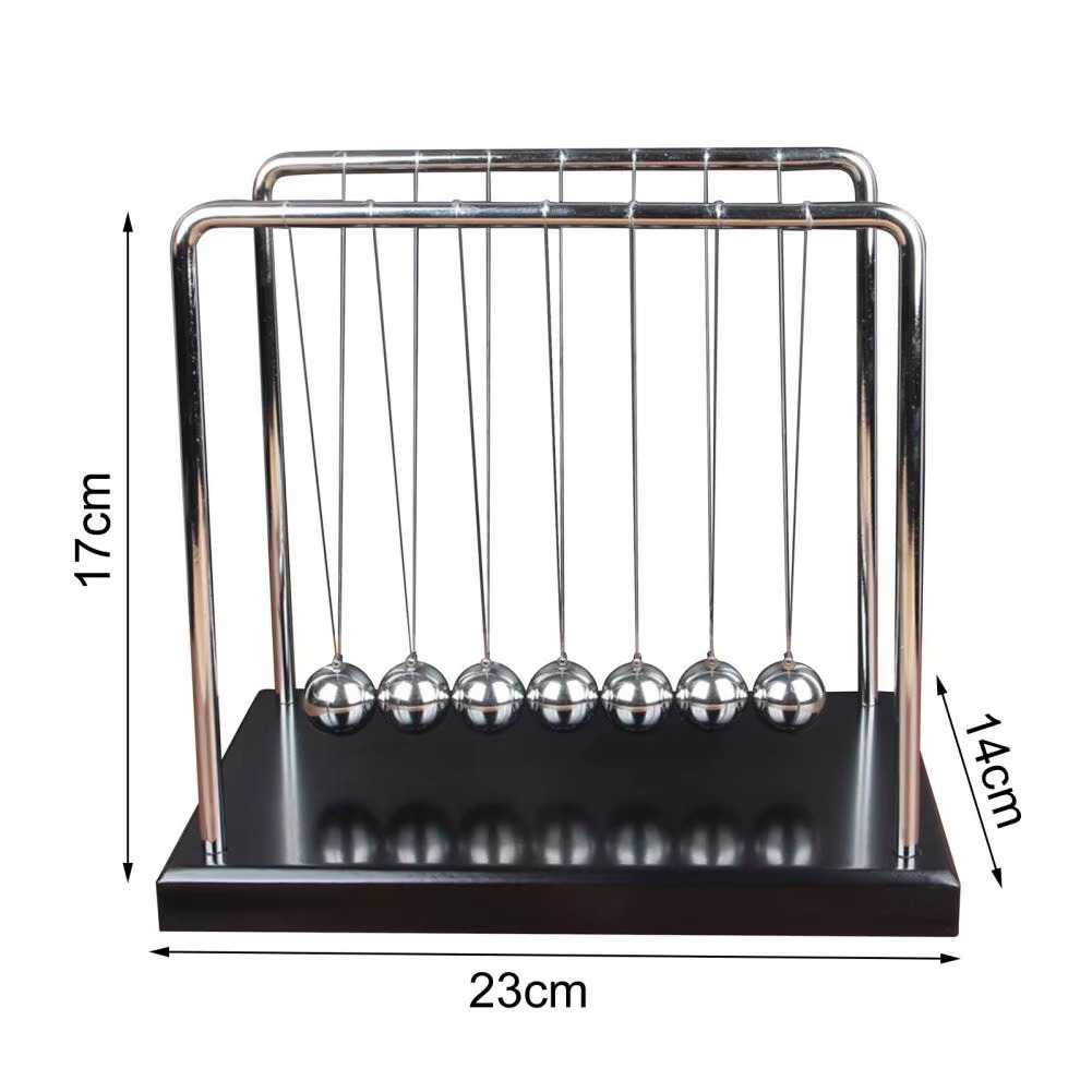 Large Newton's cradle about 23 by 14 by 17 cm with a black base and steel balls as a bold executive desk statement piece (fits SKU_1748792312012_491)