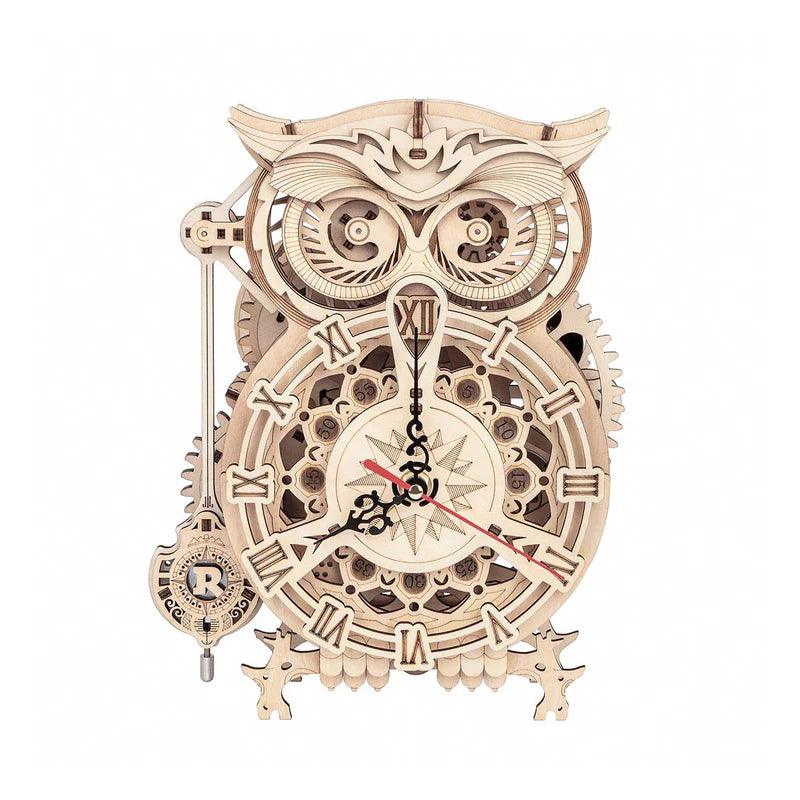Nightwatch owl mechanical timer clock, a 3D wooden puzzle kit with a real pendulum and Roman numeral dial for adults