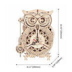 Wooden owl clock kit that builds into a desk and shelf timepiece, a mechanical model with quartz movement for adults