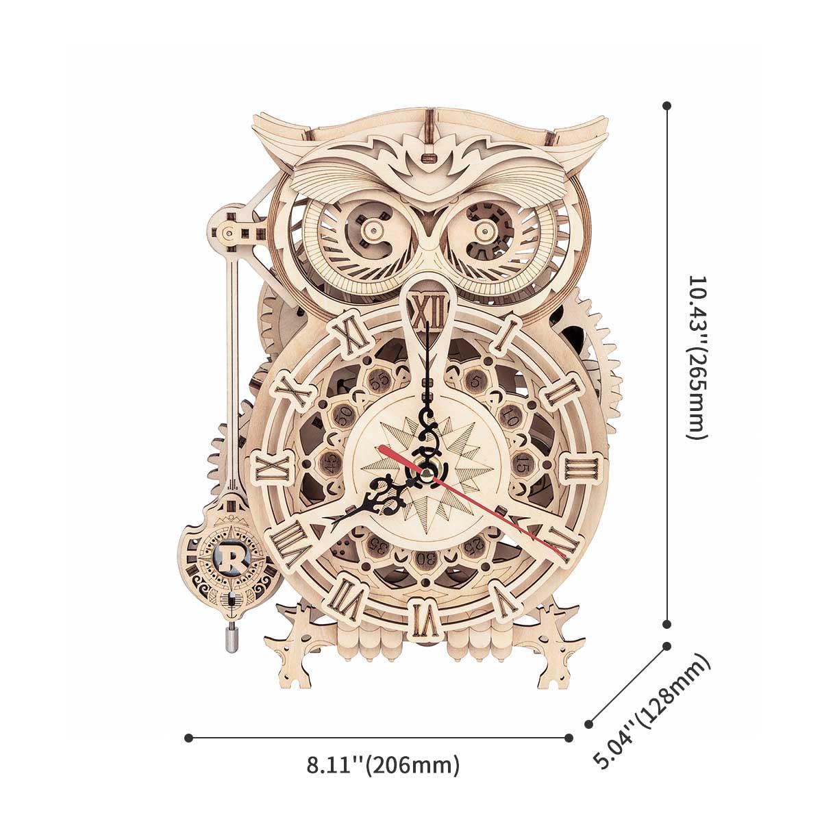 Wooden owl clock kit that builds into a desk and shelf timepiece, a mechanical model with quartz movement for adults