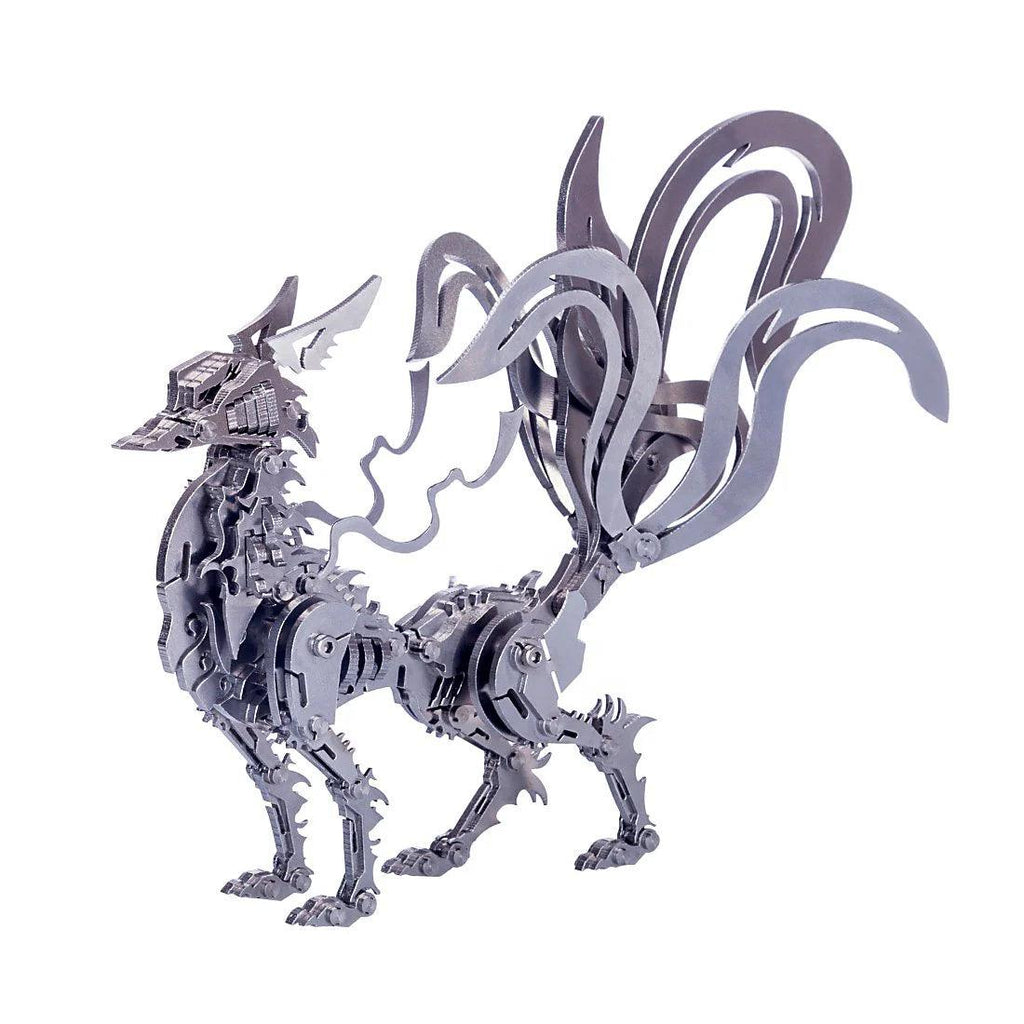 3D metal nine-tailed fox puzzle kit with over 100 stainless steel pieces, a mythical kitsune model for adult builders