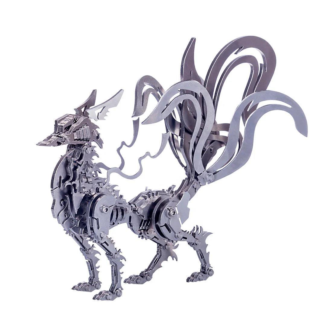 3D metal nine-tailed fox puzzle kit with over 100 stainless steel pieces, a mythical kitsune model for adult builders