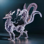 Mythical kitsune fox model from laser-cut steel, a silver display piece rooted in Japanese folklore and anime lore