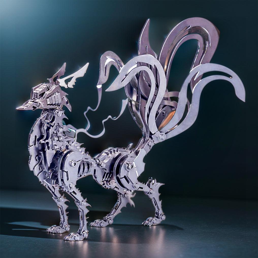 Mythical kitsune fox model from laser-cut steel, a silver display piece rooted in Japanese folklore and anime lore
