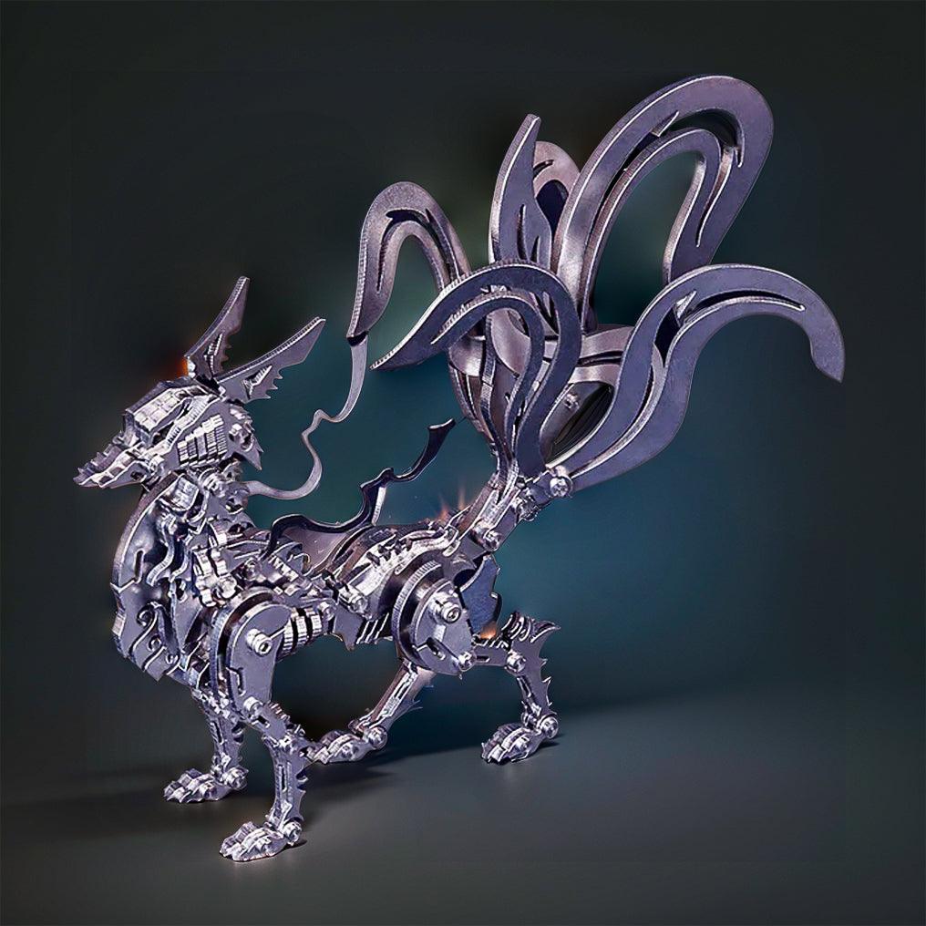 Silver stainless steel nine-tailed fox sculpture, a mechanical model kit and desk display for mythology fans