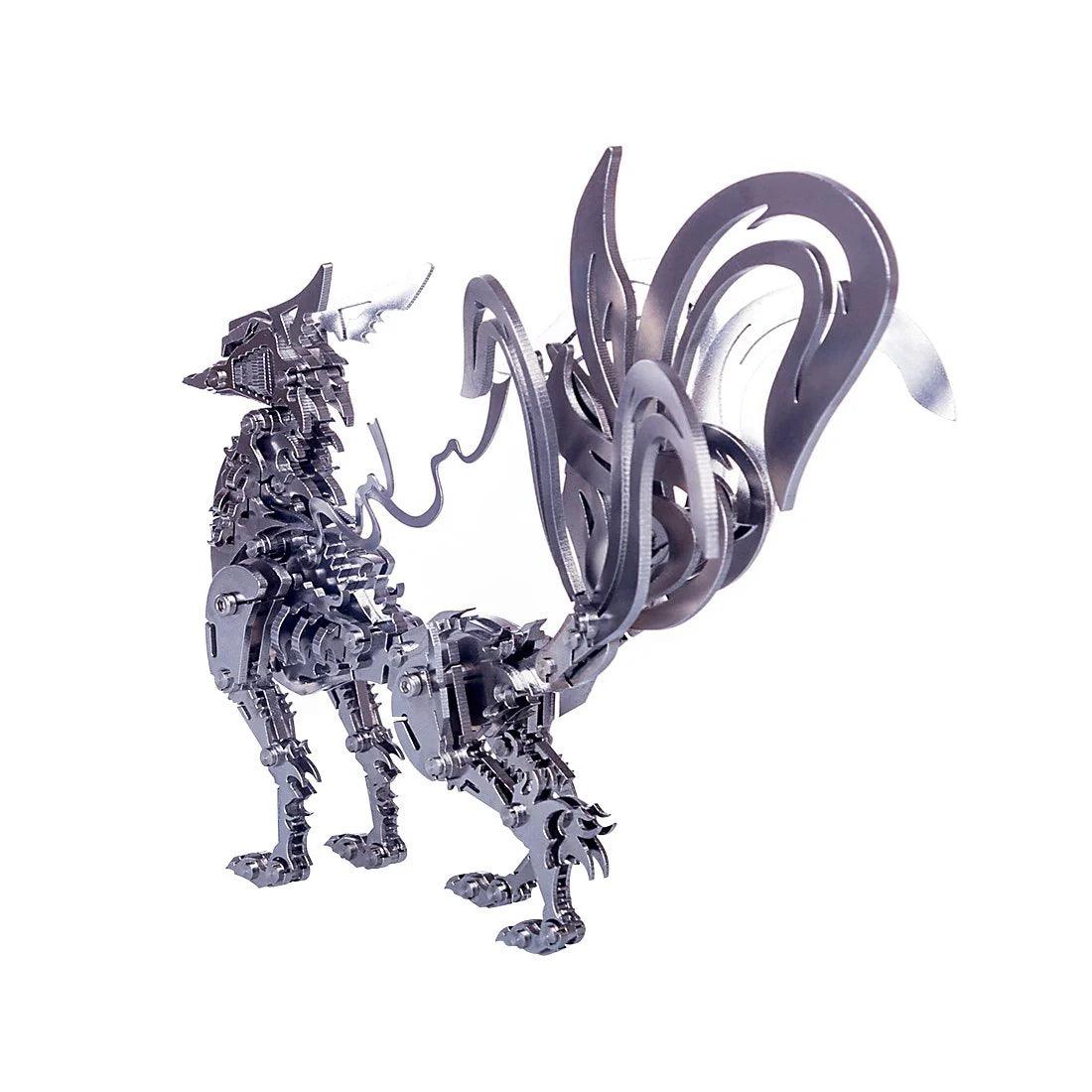 Nine flowing tails on a metal fox model kit, a tarnish-resistant silver sculpture for shelf decor and study rooms