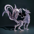 Mechanical nine-tailed fox metal model in silver steel, a detailed kitsune build and gift for anime and folklore fans