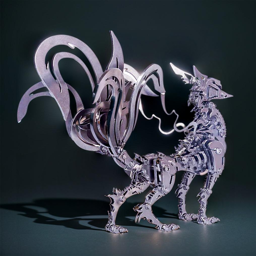 Mechanical nine-tailed fox metal model in silver steel, a detailed kitsune build and gift for anime and folklore fans