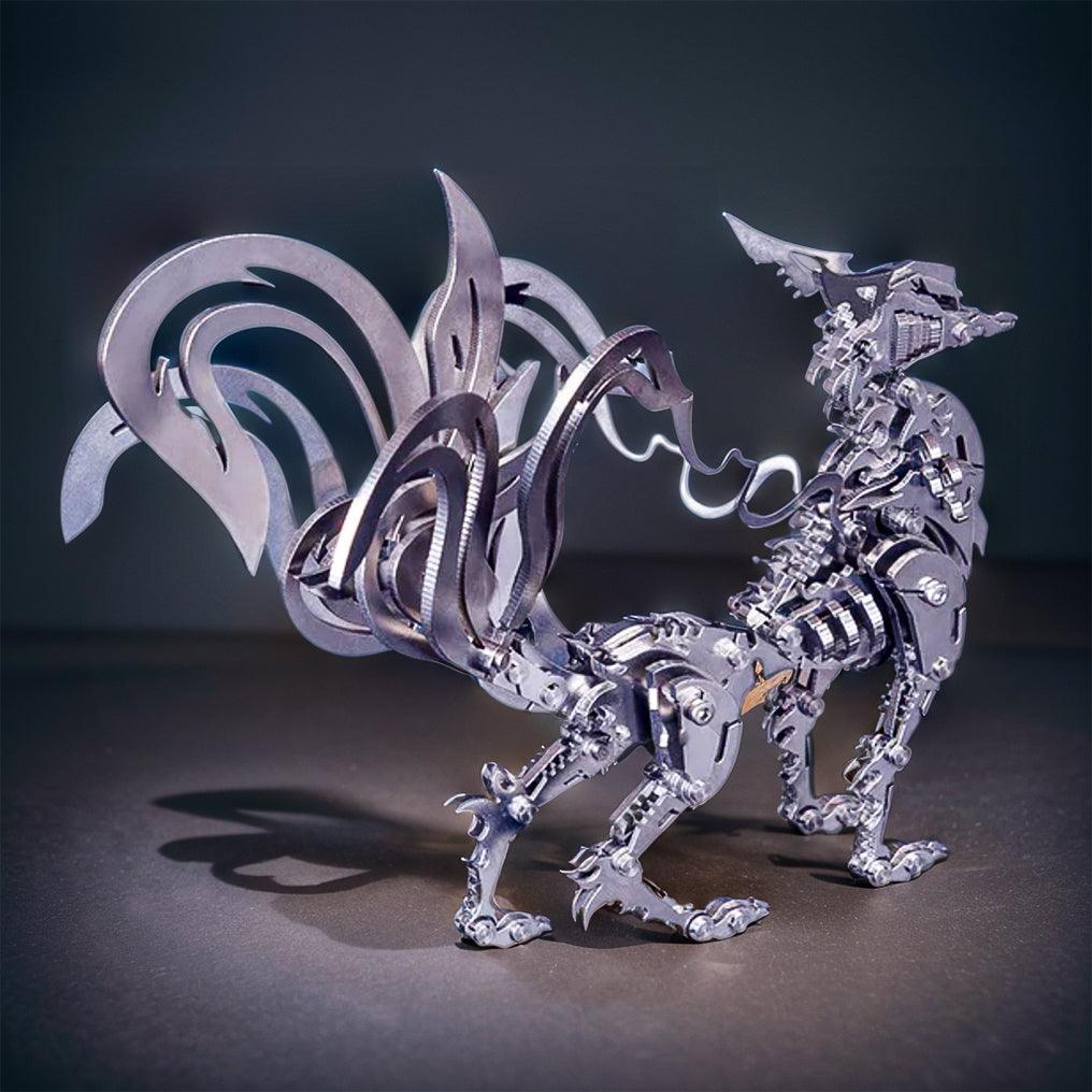 Collectible nine-tailed fox metal models as mythical decor, a stainless steel kitsune kit and gift for adult hobbyists