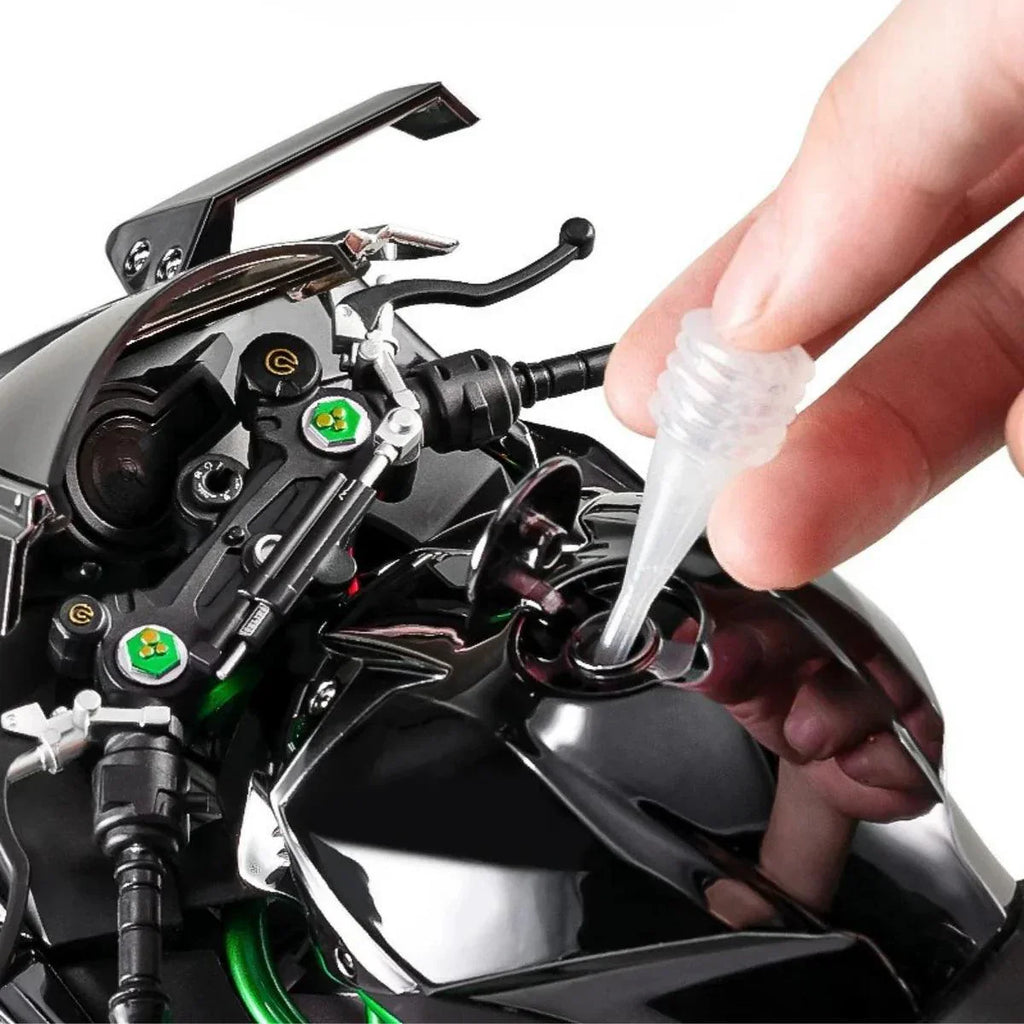 Ninja H2R RC bike with a 20 ml water tank that powers the exhaust smoke system, a 1:6 scale motorsport model Black