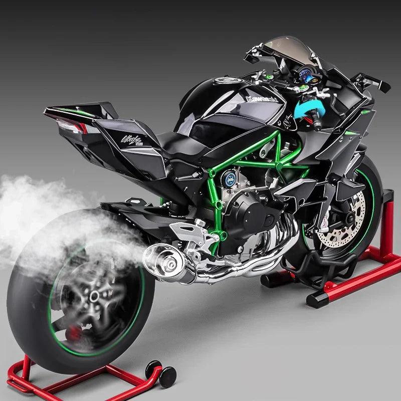 Ninja H2R model releasing exhaust smoke with remote control handling, a 1:6 scale diecast bike for collectors Black