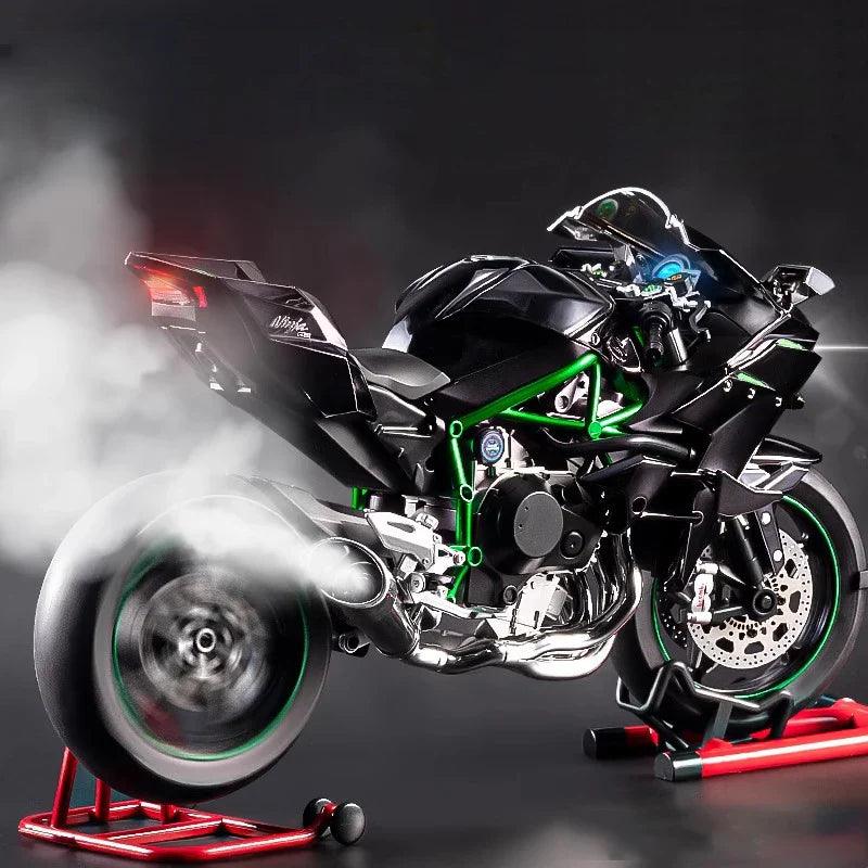 Remote control Ninja H2R model with realistic exhaust smoke effect and engine sound for a hyperbike desk display Black