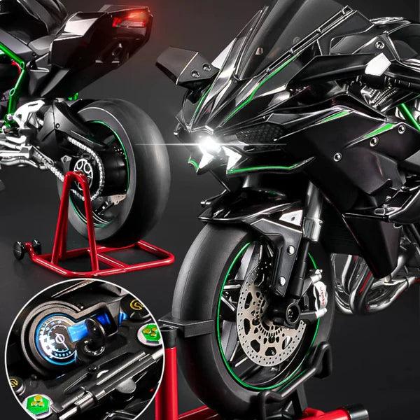Ninja H2R RC model with working headlight and dashboard instrument lighting, a 1:6 scale diecast collector bike Black