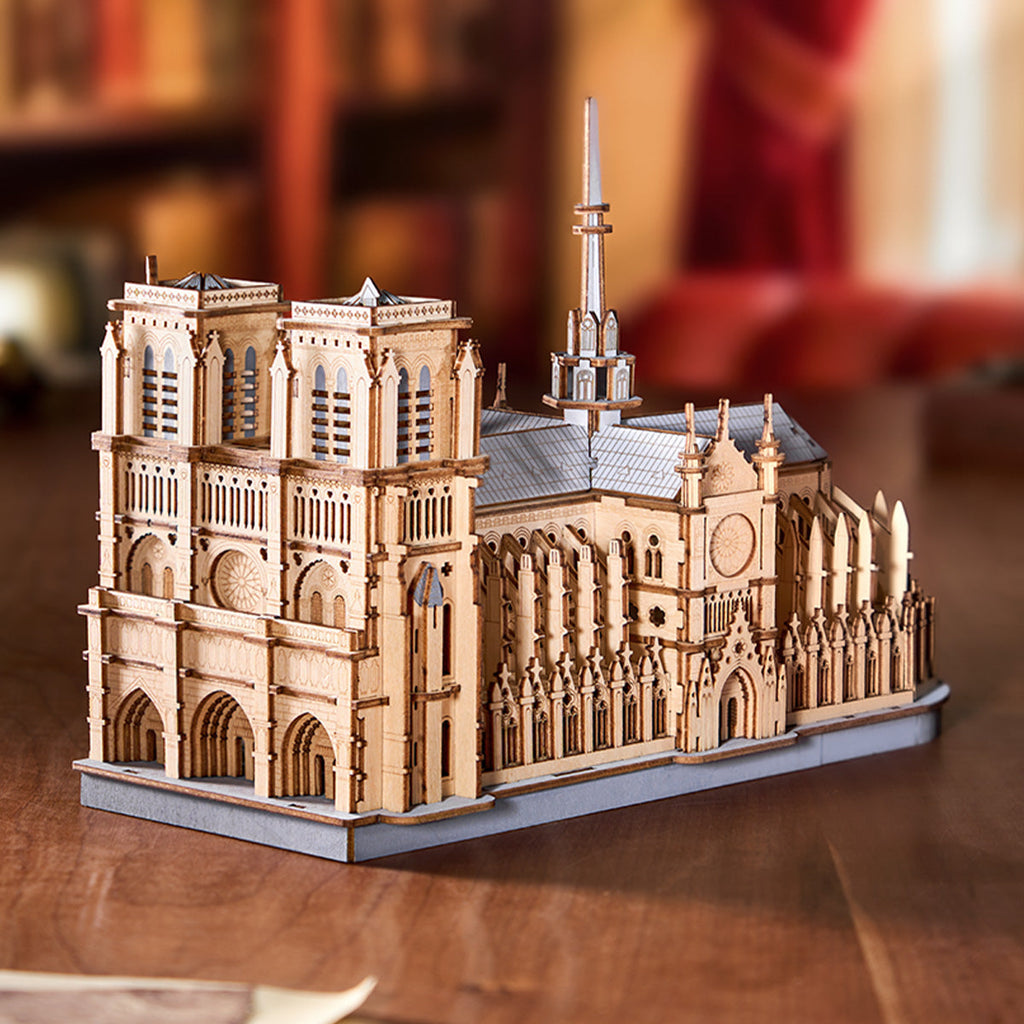 Gothic Paris cathedral wooden model at 1:460 scale with flying buttresses and rose windows for architecture fans