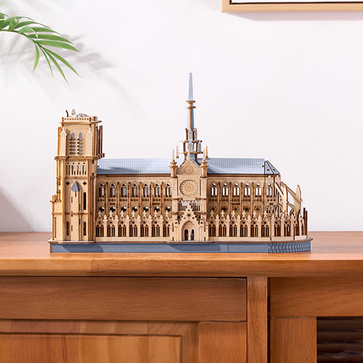 Notre-Dame landmark wooden puzzle finished as a display piece for a mantel, bookshelf, or office desk decor