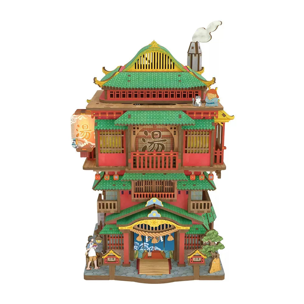 Onsen Saga 3D wooden puzzle that builds a Japanese hot spring bathhouse inn with warm LED lighting for adult builders