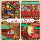 Laser cut wooden model kit with tiered roofs, paper lanterns, and a hot spring courtyard for Japanese architecture fans