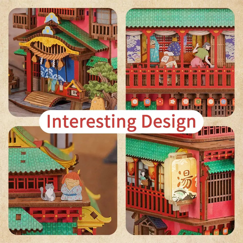 Laser cut wooden model kit with tiered roofs, paper lanterns, and a hot spring courtyard for Japanese architecture fans