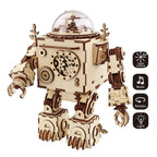 Steampunk LED music box kit with 221 wooden pieces, a wind-up mechanical build for adults and music lovers