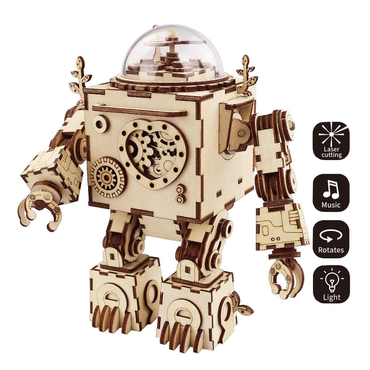 Steampunk LED music box kit with 221 wooden pieces, a wind-up mechanical build for adults and music lovers