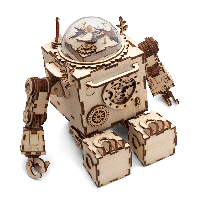 Wind-up 3D wooden puzzle music box with rotating gears under a clear dome, mechanical model kit for teens and adults