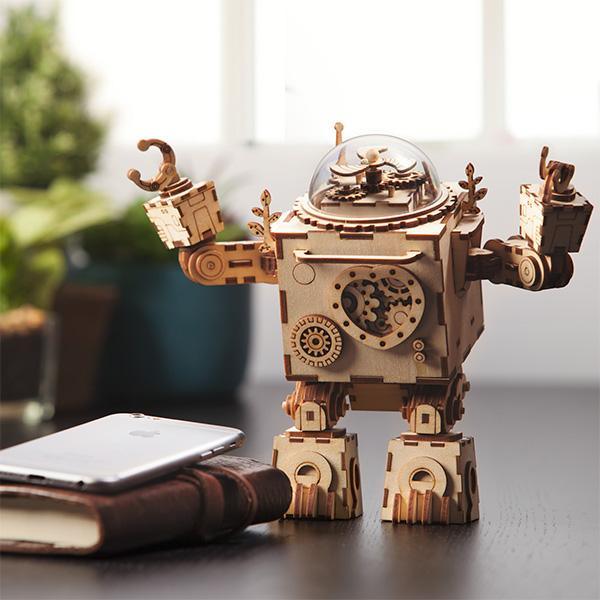 Wooden steampunk music box night light for a desk, a laser-cut DIY kit gift for teens, adults and hobby builders