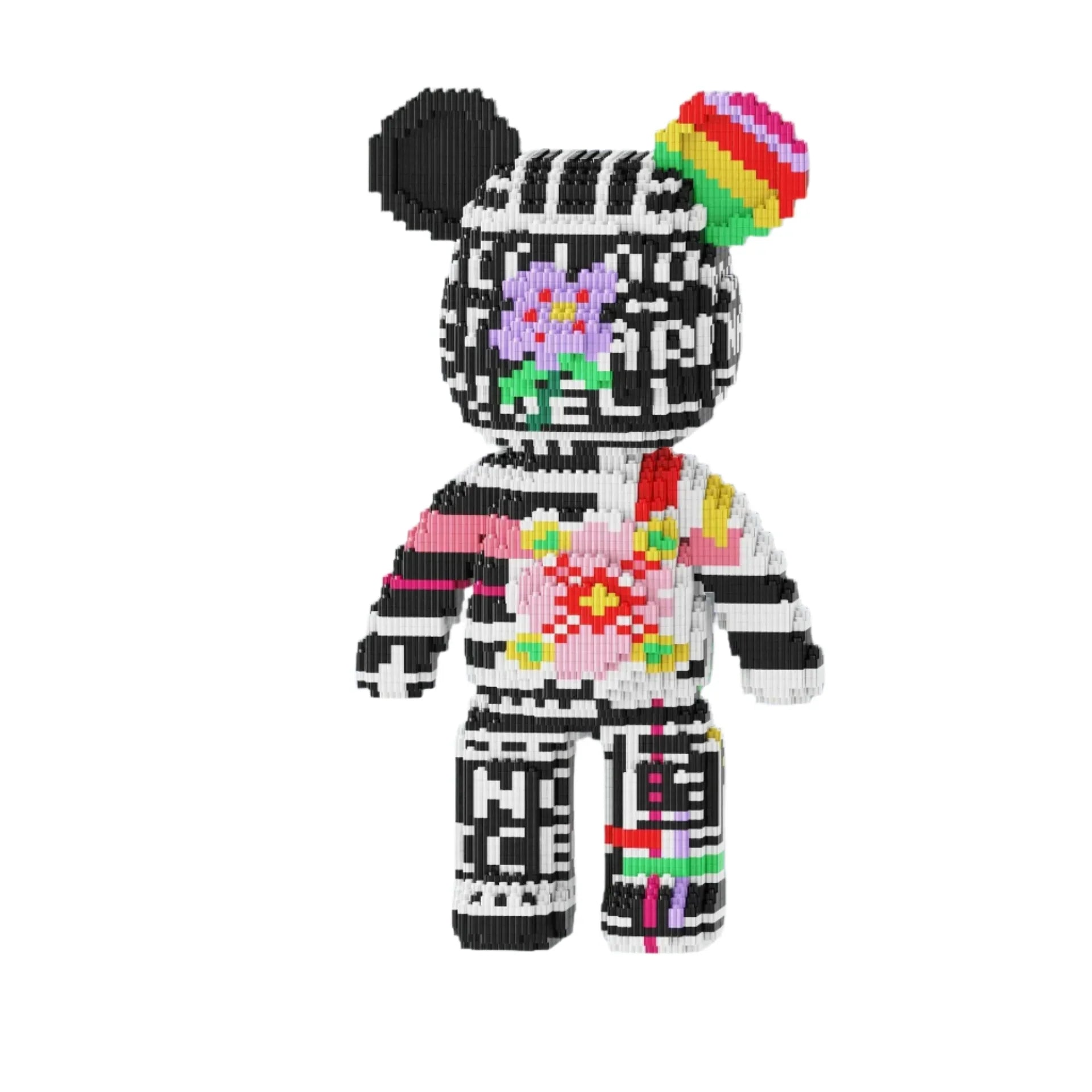 Bear building blocks set sizing, a 47 cm tall model on a 26 by 18 cm base built from 3688 micro bricks 5538